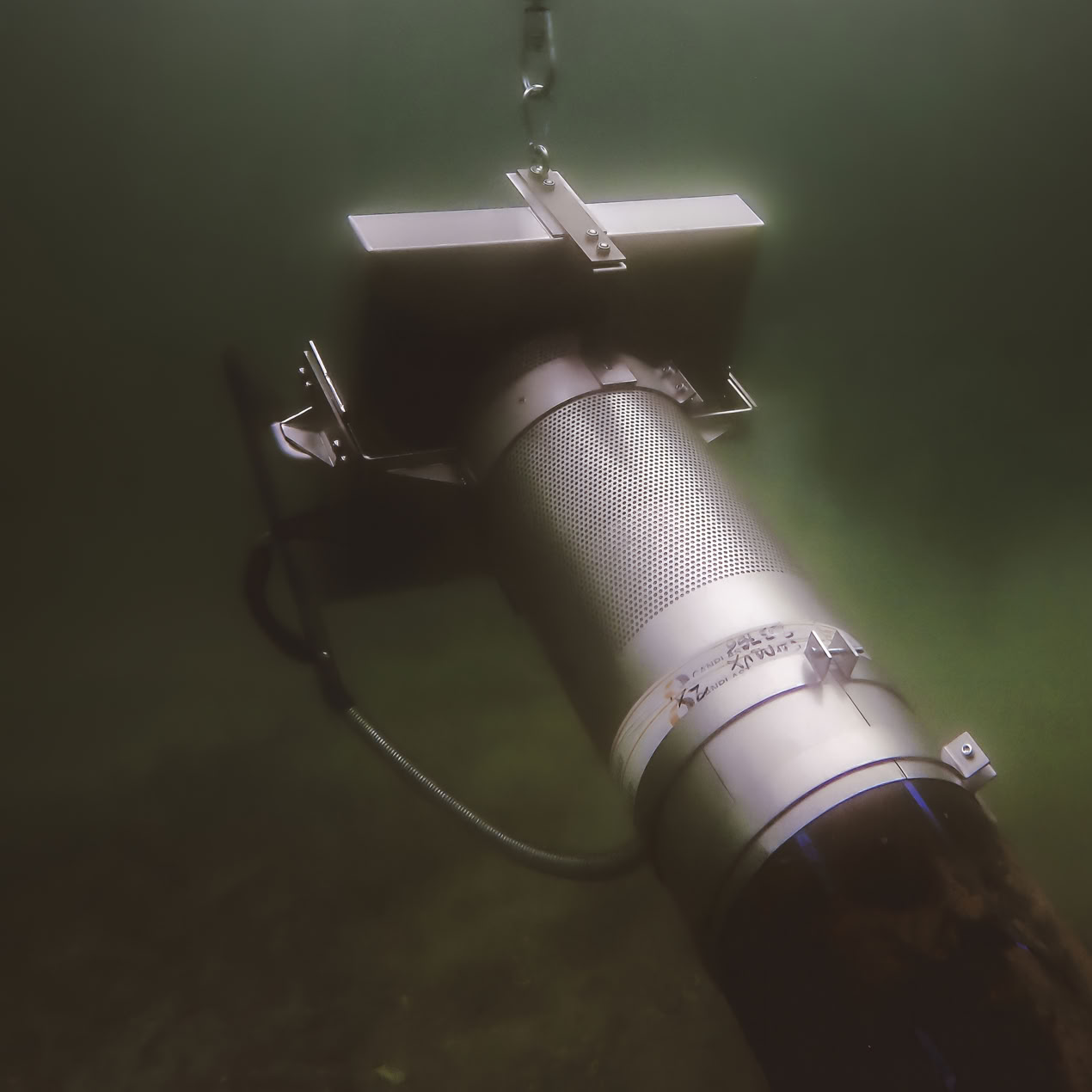 Pilote installé sur une crépine dans le lac de Neuchâtel à 10 m de profondeur.